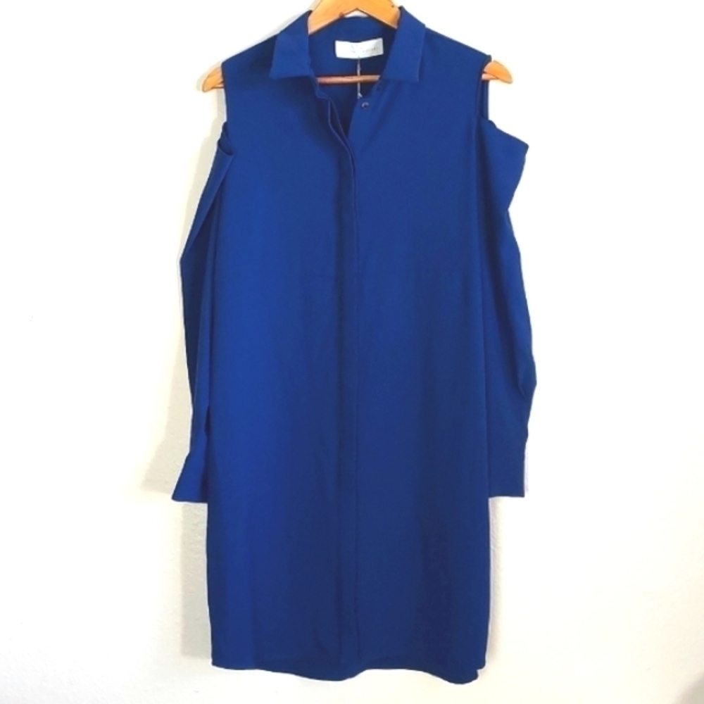NEW Amanda Uprichard Button Front Long Sleeve Cold Shoulder Blue Dress Large
